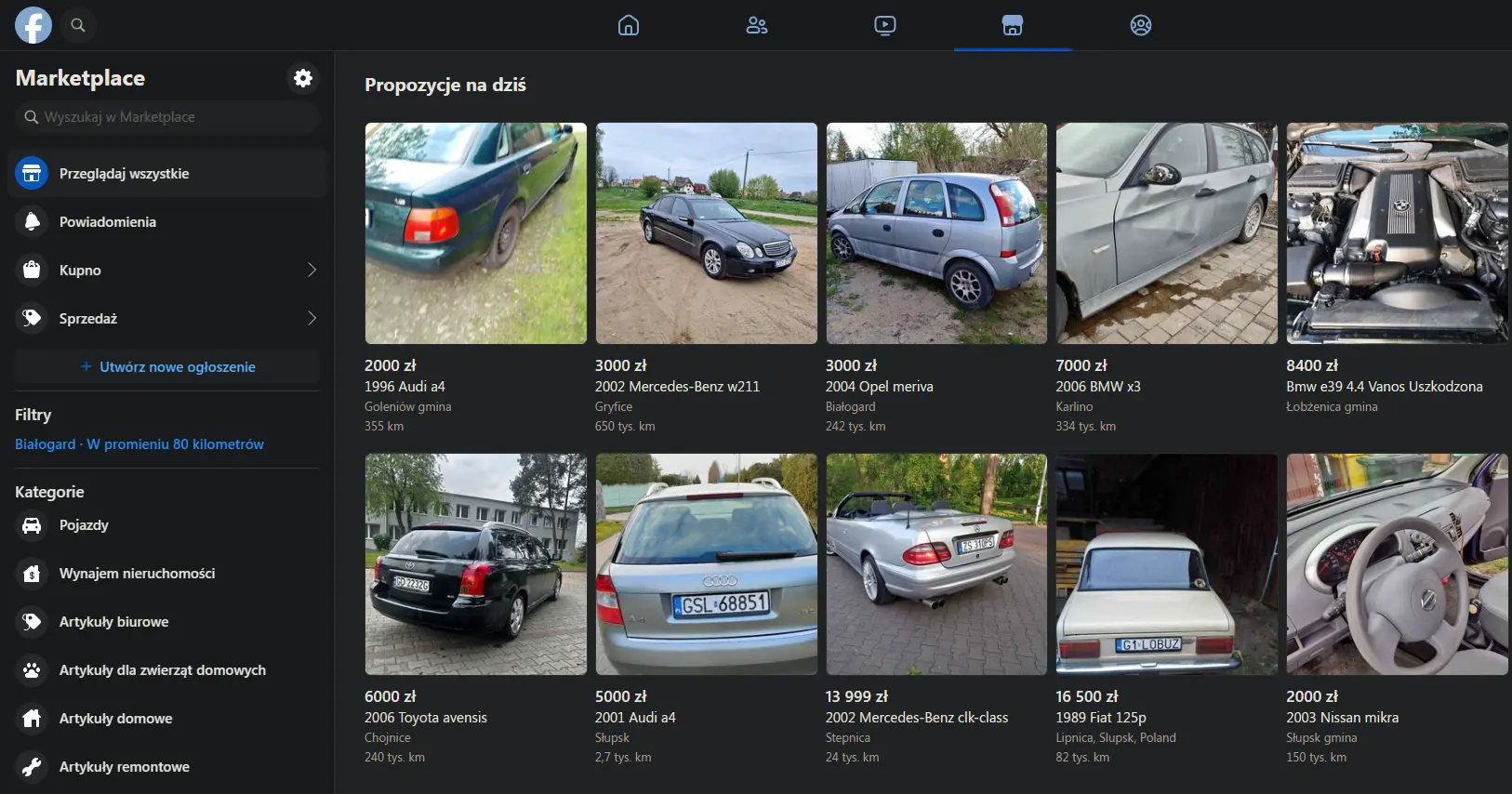 Wyszukiwanie ofert pojazdów na facebook marketplace / OLX